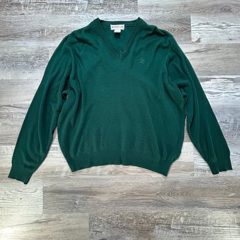 Grand Slam Green V-Neck Acrylic Sweater XL Vintage Grandpa Core